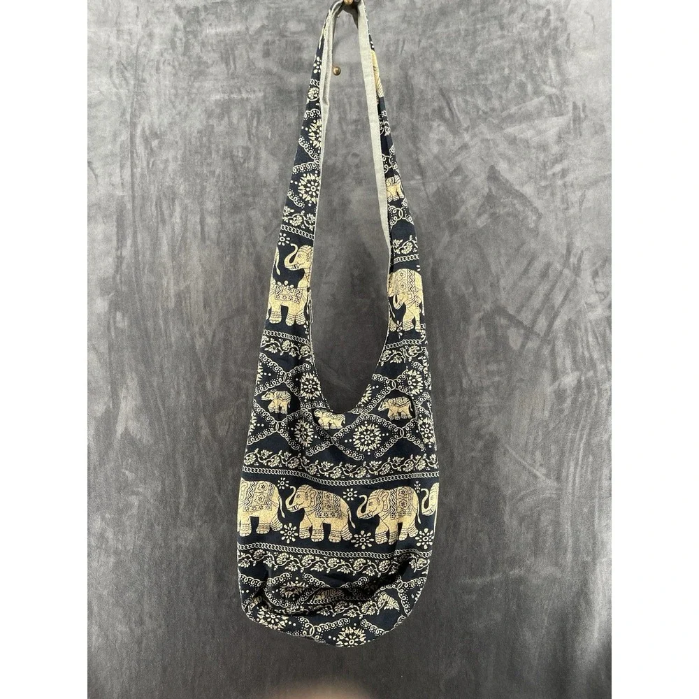 Boho Elephant Print Crossbody Sling Hobo Bag Cotton Black Beige Zip Pockets